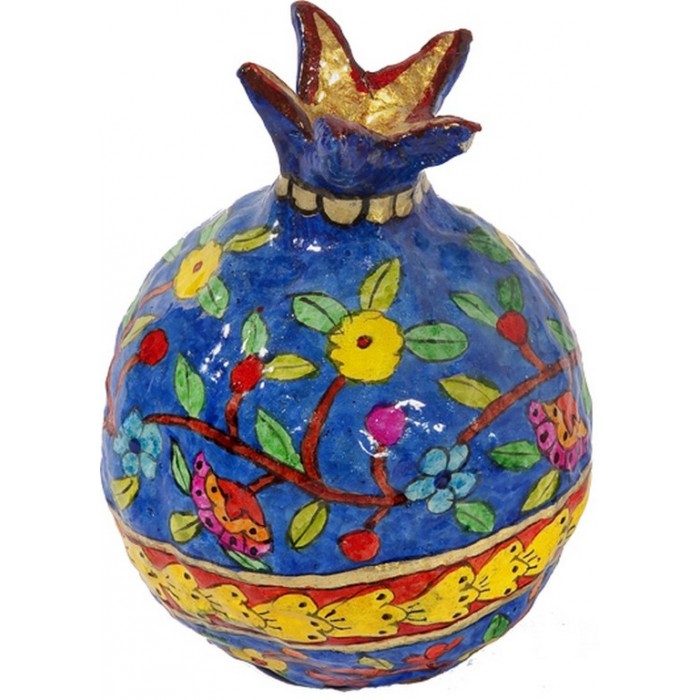 Yair Emanuel Paper-Mache Pomegranate with Floral Motif in Bright Colors