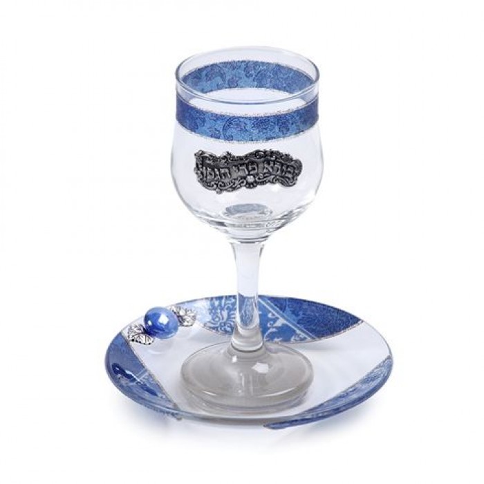 Glass Kiddush Cup of Blue Floral Pattern and Hebrew Wine Blessing