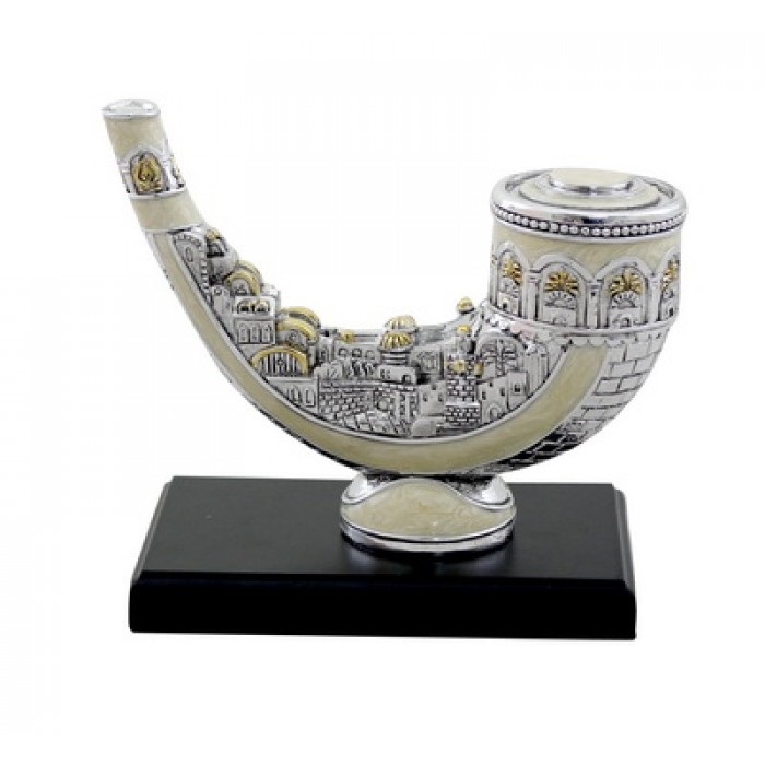 Silver Polyresin Shofar Miniature with Jerusalem and White Enamel Finish