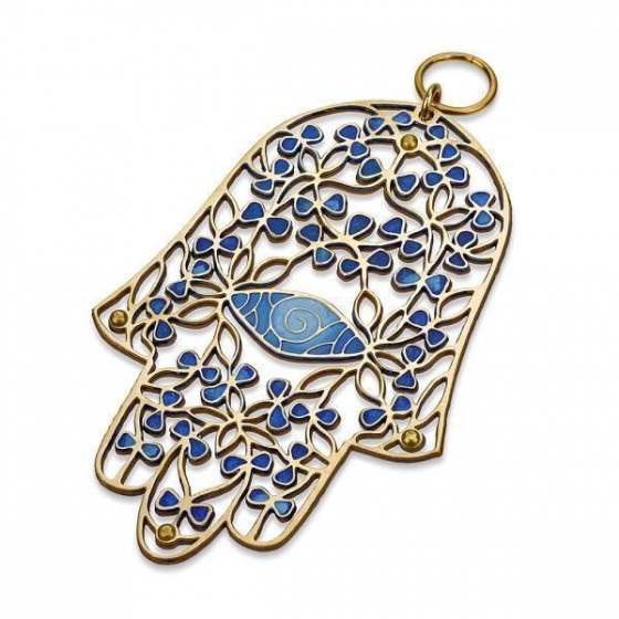 Brass Hamsa with Triangles, Large Blue Eye and Scrolling Lines