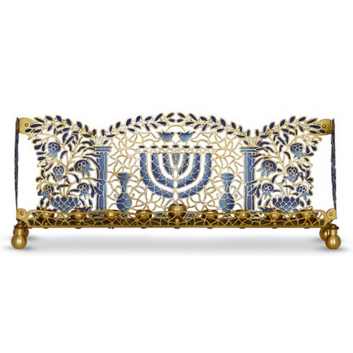 Brass Hanukkah Menorah with Blue Pomegranates, Leaves and Temple Objects