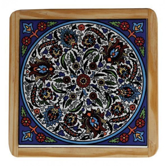 Armenian Wooden Trivet with Armenian Tulip Ornamental Flower Motif