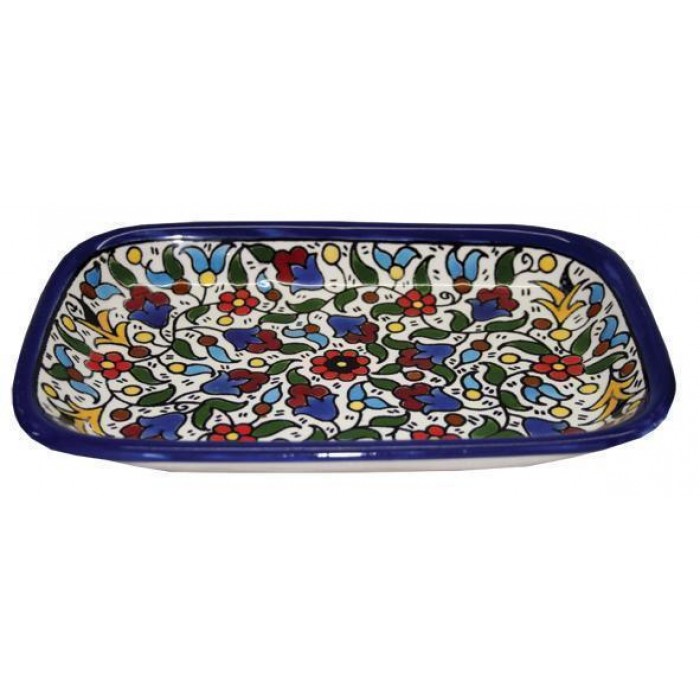 Armenian Ceramic Tray in Rounded Rectangle with Flowers