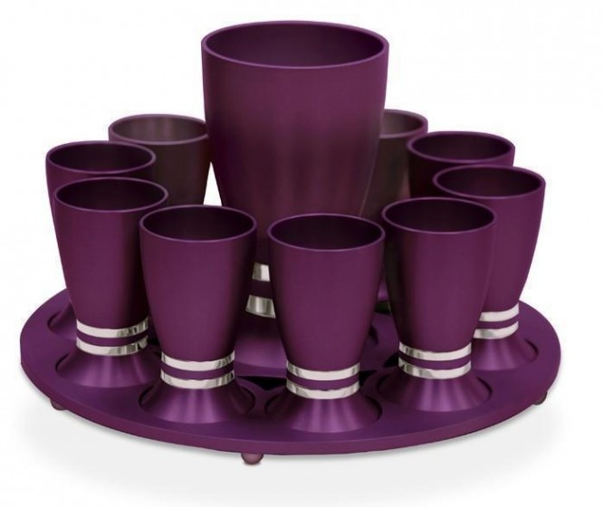 Set of 10 Kiddush Cups in Colorful Anodized Aluminum with Tray by Nadav Art