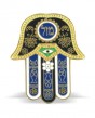Blue Hamsa Magnet with Mazal and Gold and Black Flowers