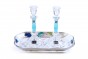 Large Crystal Shabbat Candlesticks with Aqua Blue Floral Pattern and Matching Tray